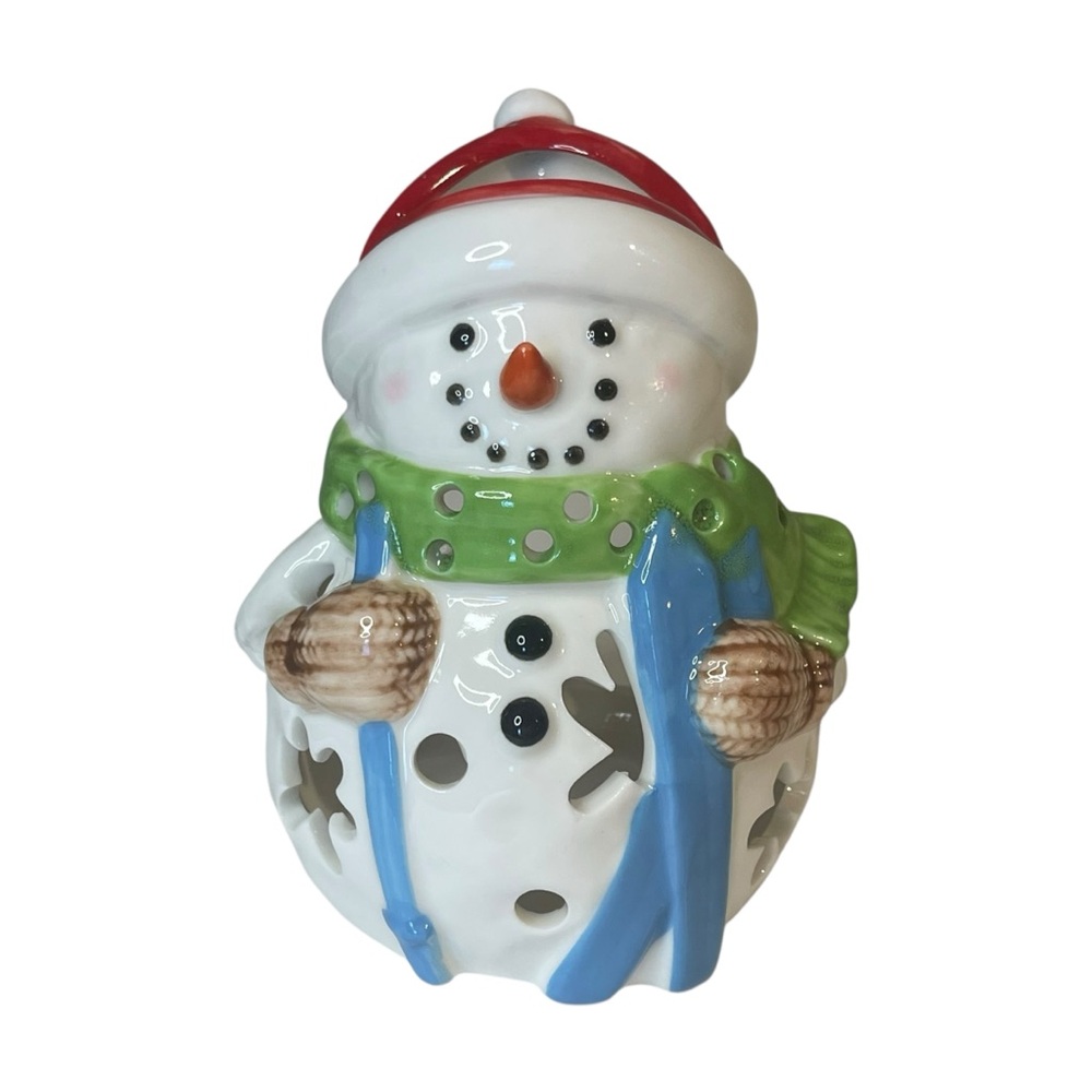 Yankee Candle Snowman Votive Tea Light Holder Winter Holiday Skiing Retired 5”